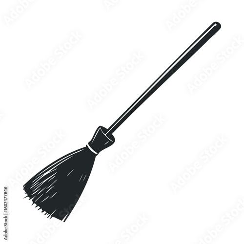 Vintage straw broom illustration in monochrome with long handle