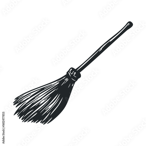 Hand-drawn traditional broomstick isolated on white background