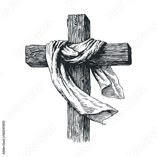Wooden cross with draped cloth representing christian symbolism and faith
