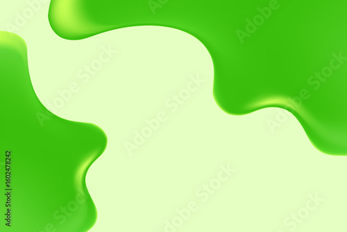 Abstract fresh green liquid blobs, drip flowing clear shower gel droplets, background with copy space. Fluid organic form, smooth sticky slime. Beauty serum water texture for product presentation