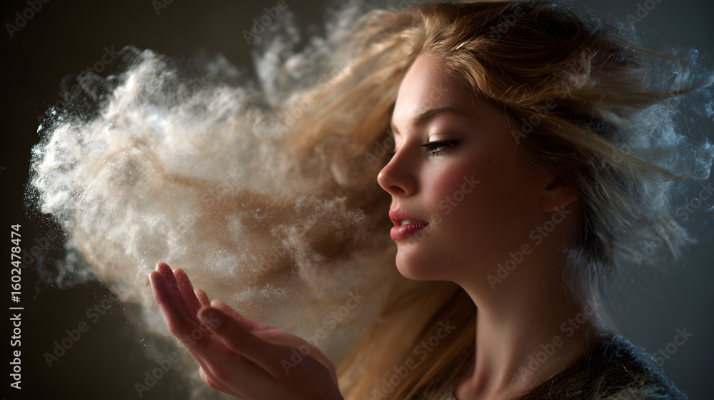 Obraz premium A fair-skinned woman with flowing blonde hair holds a cloud of powder in her hands, creating a dreamy and ethereal atmosphere.