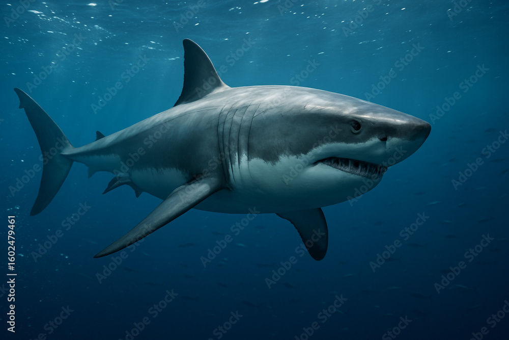 Obraz premium A formidable great white shark navigates the clear ocean depths, a true marine marvel.