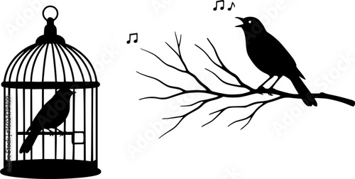 a black bird in a birdcage, a black bird standing on the branch singing, silhouette style, simple, vector illustration