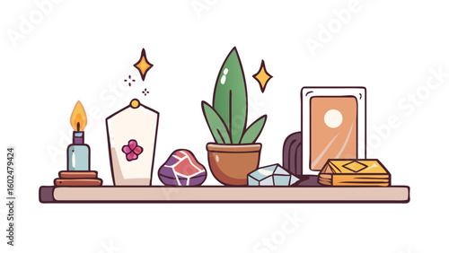 Boho altar setup with candles, crystals and plants