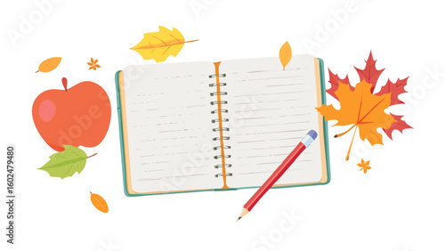 Open notebook with apple and pencil surrounded by leaves