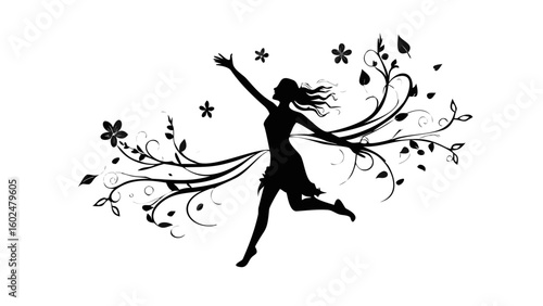 Black silhouette of girl dancing with floral vines