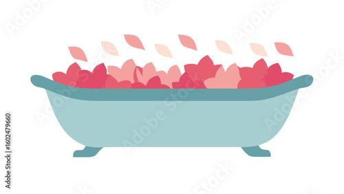 Bathtub with rose petals in minimal flat style
