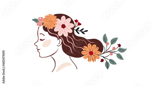 Woman with long hair and flower crown in profile view