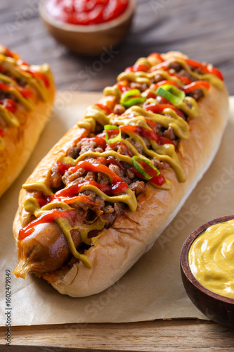 Close-up of a loaded hot dog with sausage, ground meat, mustard, ketchup, and green onion topping on a wooden board, with tomato and sauces in the background over rustic wooden surface
