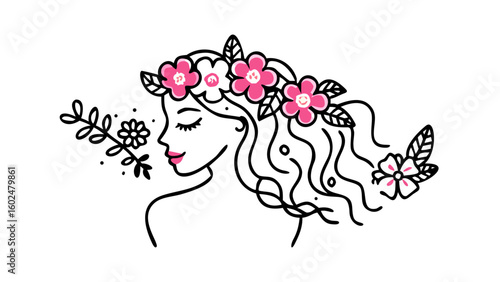 Woman with floral crown smelling flower illustration