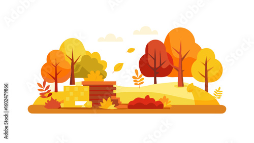 Autumn landscape with trees and hay bales illustration