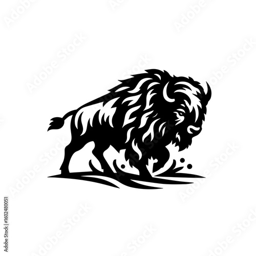 Majestic Black Bison Silhouette Charging Forward.