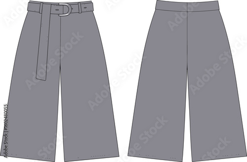 Flat fashion technical sketch of wide leg women's pants with belt, front and back view, garment design vector illustration template