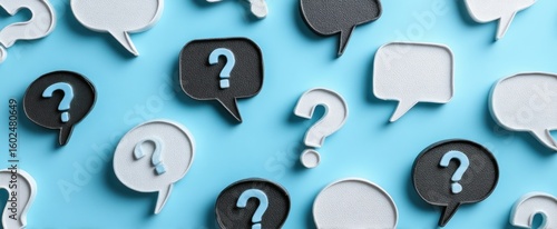 A textured light blue backdrop filled with a variety of three-dimensional question marks and speech bubbles evokes curiosity and uncertainty.