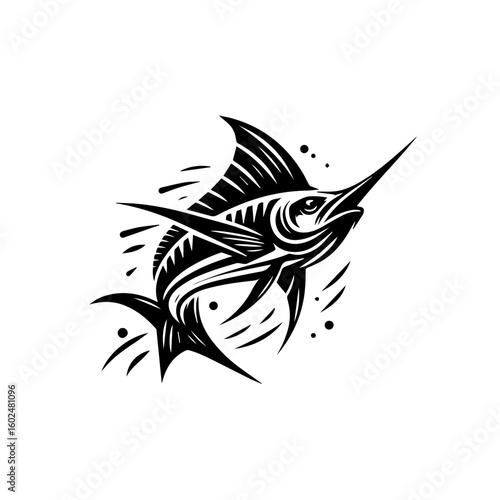 Stylized Black and White Marlin Illustration.