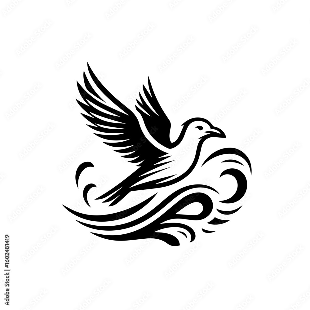 Obraz premium Stylized Black Bird Flying Over Abstract Waves.