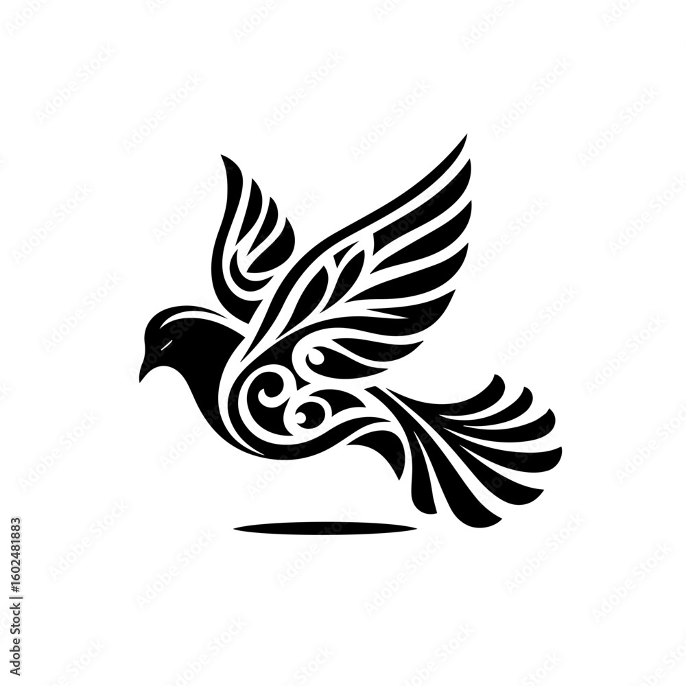 Obraz premium Stylized Black Dove in Flight with Ornate Wings.