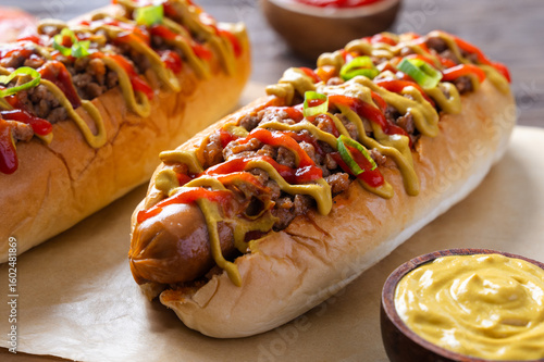 Close-up of juicy hot dogs topped with ground meat, mustard, ketchup, and green onions on soft buns, served on brown paper with mustard dip and rustic wooden background in natural lighting