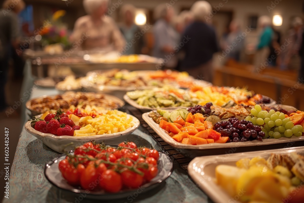 Obraz premium Buffet table laden with fresh fruit, vegetables, and savory dishes at event. Use it to illustrate catering, celebrations, or community gatherings.