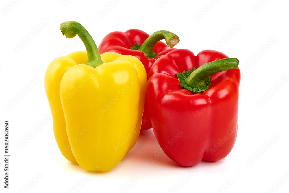 Bell Peppers, Yellow, Red, isolated on white background Bell Peppers, Yellow, Red, isolated on white background