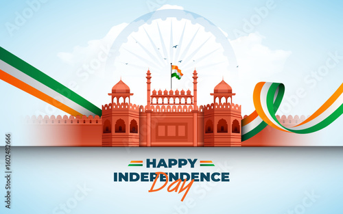 Happy Indian Independence Day Celebration Banner Design Template with Lal Qila Fort Illustration
