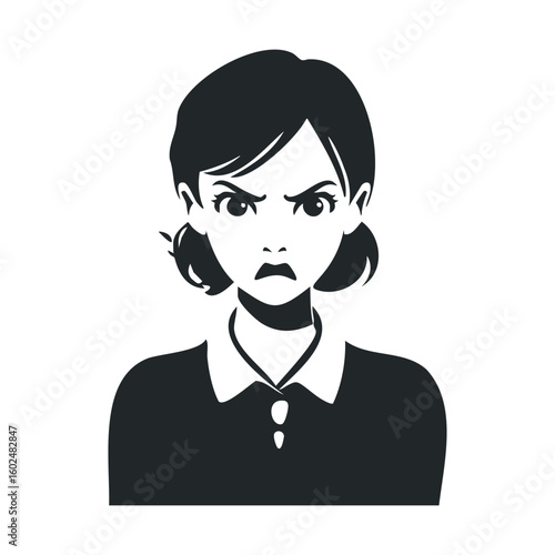Black and white illustration of angry female child with pigtails