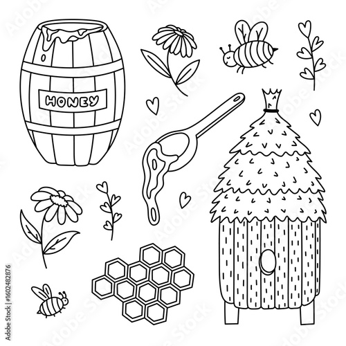 Lovely outline set about honey farming with wooden barrel with dripping syrup, cute bee, beehive with straw roof. Hand drawn line doodle beekeeping collection isolated on white background.