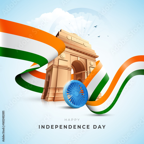 Happy Indian Independence Day Celebration Banner Design Template with India Gate Illustration, Happy Independence Day Banner Illustration