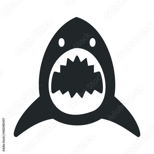 Black and white shark icon with open mouth in minimalist design