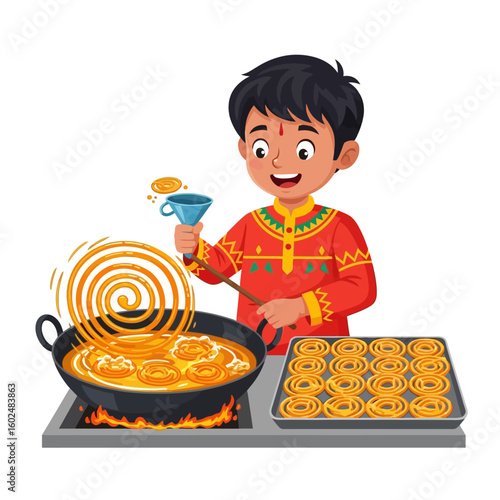 Smiling Boy Cooking Traditional Orange Dessert in Hot Oil
