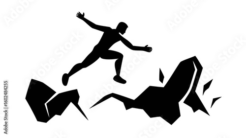 Dynamic Leap: Silhouette of an athlete embodies determination and perseverance in mid-air, conquering rocky terrain.