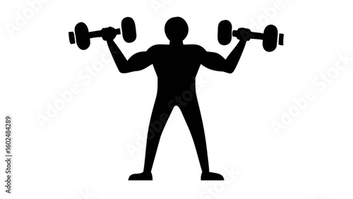 Silhouette of Strength: A dynamic silhouette showcases an individual's commitment to fitness, as they lift dumbbells in a display of power and dedication. This graphic element represents strength.