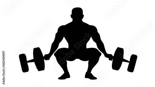 Strength in Shadow: A silhouette of a muscular individual, squats with heavy weights, embodies the power of fitness and dedication to strength training, a symbol of physical prowess.