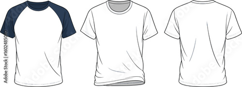 Men’s t-shirt fashion flat sketch with wrinkled hem and raglan sleeves, front and back views, cad drawing flat vector illustration