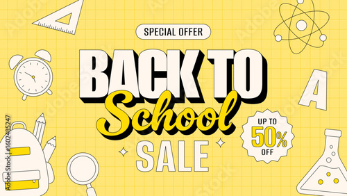 Back to school sale banner with school supplies on yellow grid background. Vector illustration