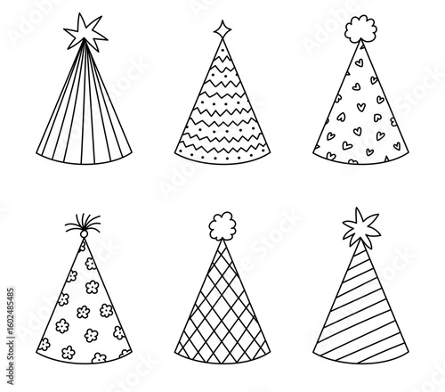 Lovely outline birthday party hat set with different ornament and pompons. Hand drawn doodle paper cone for festive occasion, Happy Birthday. New Year cap collection isolated on white background.