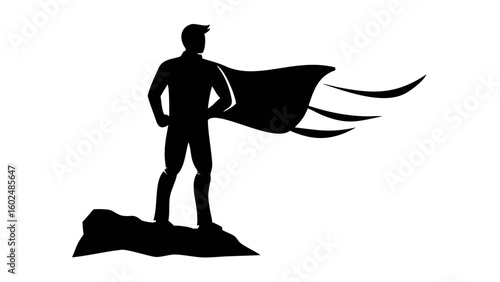 Superhero Silhouette: A strong silhouette of a superhero stands tall, cape billowing, set against a stark background, symbolizing power and protection.