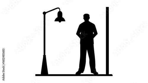 Night's Guardian Silhouette: A stark silhouette of a person standing beneath a vintage lamppost, casting a contemplative mood as the night draws near.