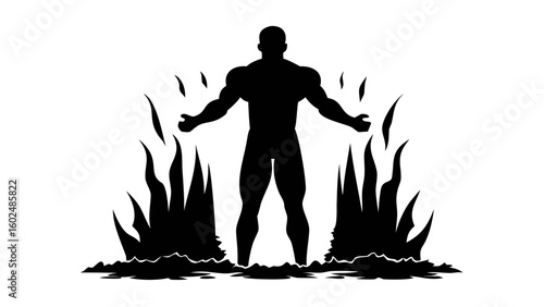 Silhouette of Power: A stark silhouette of a muscular figure, exuding strength and resolve, stands amidst stylized flames, capturing a sense of primal power and resilience.