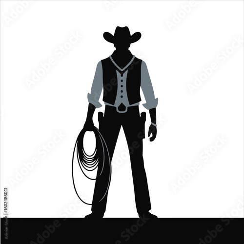 Silhouette of a cowboy holding a lasso ready for action