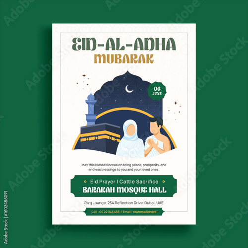 Eid Al-Adha Mubarak Flyer with Kaaba and Pilgrim Illustration