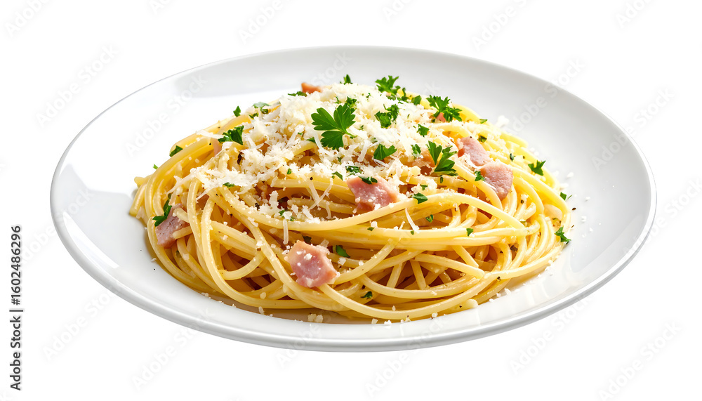 A generous plate of spaghetti carbonara, topped with grated Parmesan cheese, fresh parsley, and visible meat pieces. A generous plate of spaghetti carbonara, topped with grated Parmesan cheese, fresh parsley, and visible meat pieces.