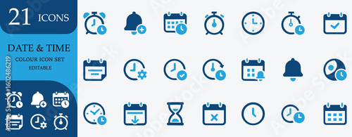 Time management, productivity, scheduling, reminders, deadlines, alarms, stopwatch, calendar, efficiency, punctuality, business tracking icons for seamless planning