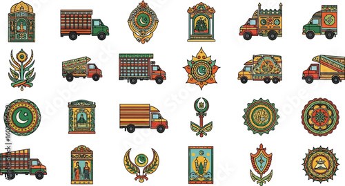 Pakistani truck art vector set, colorful truck decorations, cultural designs