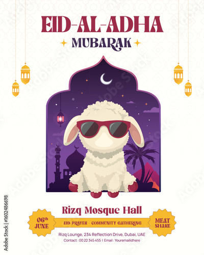 Eid Al-Adha Mubarak Instagram Post Design with Funny Sheep in Sunglasses and Mosque