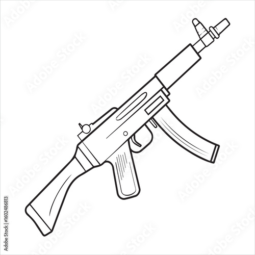 Line drawing of an assault rifle with a curved magazine