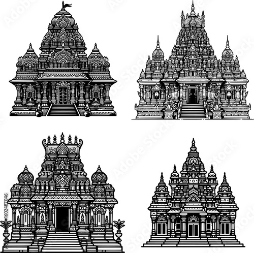 set of four black and white flat vector of a hindu temple (mandir) with towered design and traditional ornate outline.
