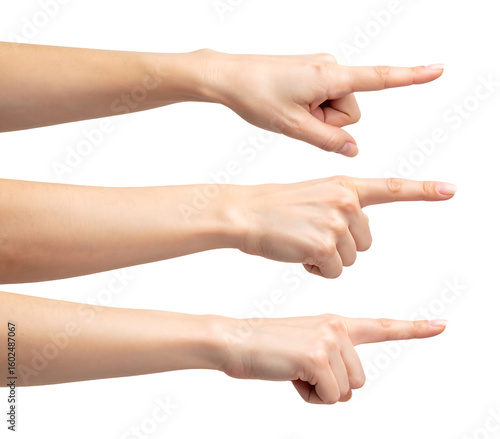 Three hands are aligned, each with a finger pointing towards the right, indicating direction or choice.