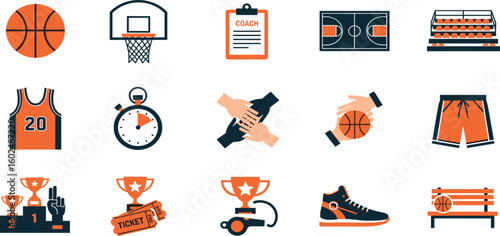 Basketball Vector Icon Set Adjustable Line Weight Ball, court, hoop, dunk, player, jersey, score, basket, match, game, sport, net, training