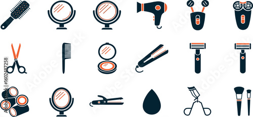 Beauty & Grooming Icon Set Hair Care, Makeup Tools, Razors, Mirrors, Combs, Flat Irons & More Vector Collection for Design 